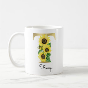 Caneca De Café Girassol Floral Inicial T Dourado Monogramado