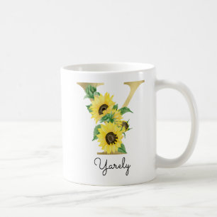 Caneca De Café Girassol Floral Inicial Y Dourado Monogramado