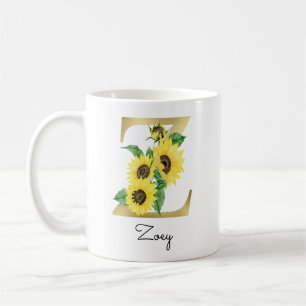 Caneca De Café Girassol Floral Inicial Z Dourado Monogramado