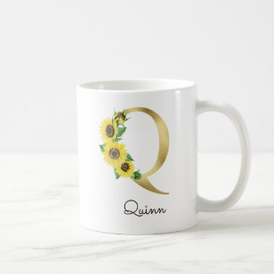 Caneca De Café Girassol Inicial Q Dourado Monogramado