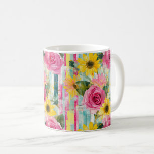 Caneca De Café Girassol Rosa Rosa Floral Verão Teal