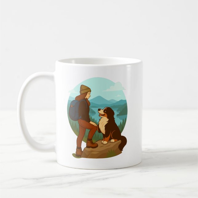 Caneca De Café Girl and Mountain Dog Adventure Illustration (Esquerda)