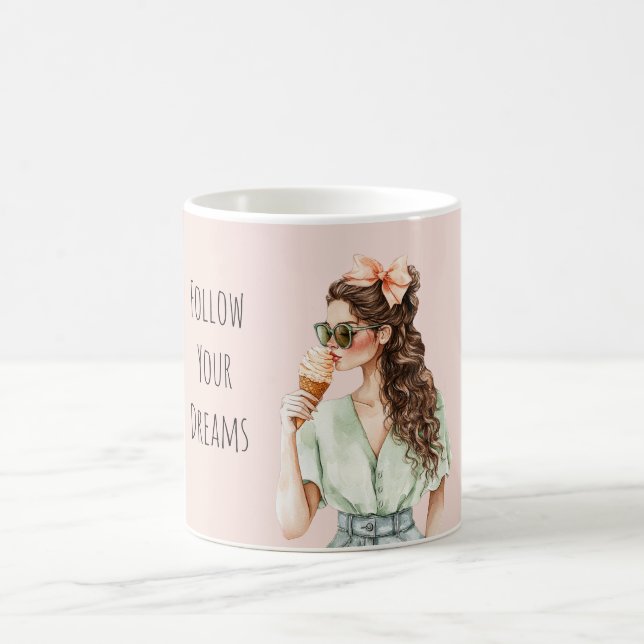 Caneca De Café Girl Brown Hair Peach Bow Ice Cream Cone (Centro)