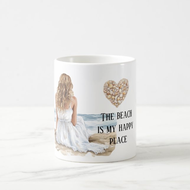 Caneca De Café Girl Dress Beach Happy Place Sea Shell Heart (Centro)