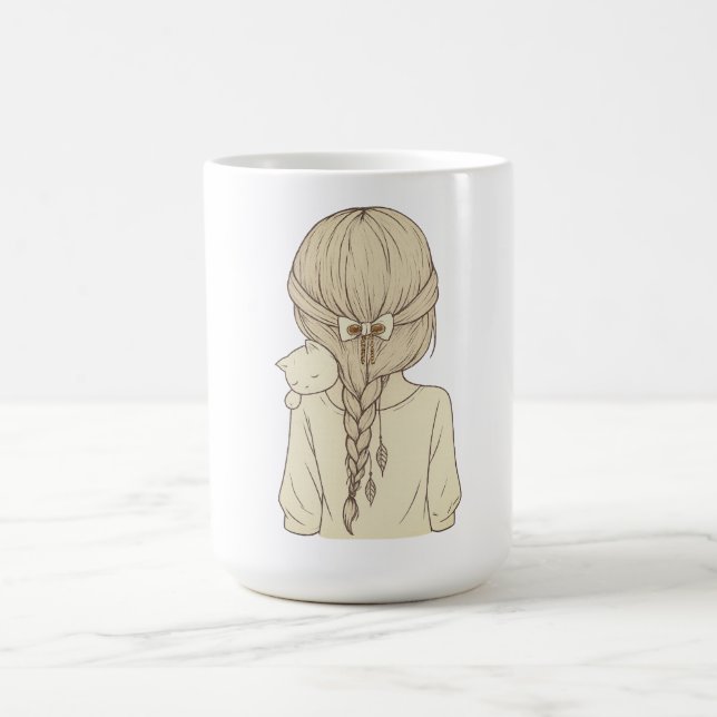 Caneca De Café Girl with Braid and Cat Illustration – Soft Pastel (Centro)