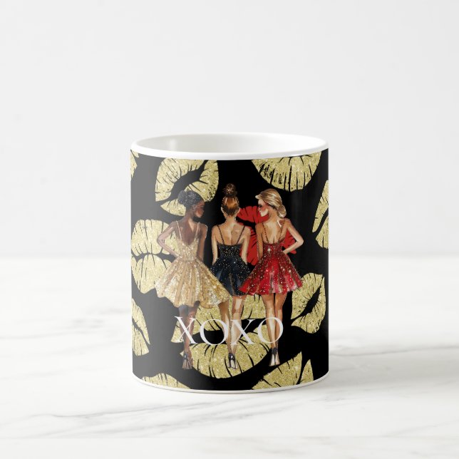 Caneca De Café Girls in Glam Gold Black Red Dresses Lips Kiss (Centro)