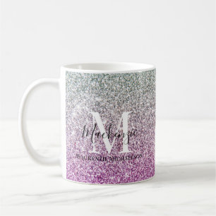 Caneca De Café Girly Aqua Blue Pink Ombre Glitter Monograma
