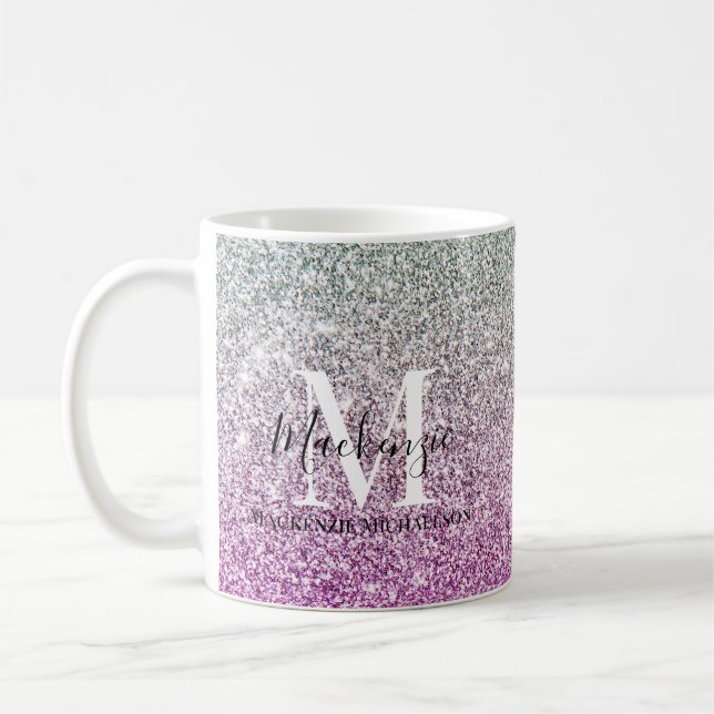 Caneca De Café Girly Aqua Blue Pink Ombre Glitter Monograma (Esquerda)