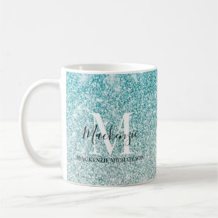 Caneca De Café Girly Aqua Blue Silver Ombre Glitter Monograma