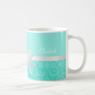 Caneca De Café Girly Aqua Turquoise Damask White Ribbon Com Nome