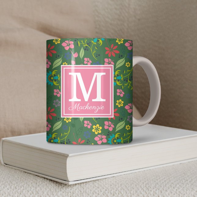 Caneca De Café Girly Bohemian Flowers Forest Green Pink Monograma (Girly Bohemian Flowers Forest Green Pink Monogram Coffee Mug)