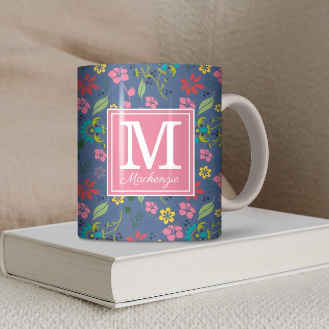 Caneca De Café Girly Bohemian Flowers Monograma (Girly Bohemian Flowers Blue and Pink Monogram Coffee Mug)