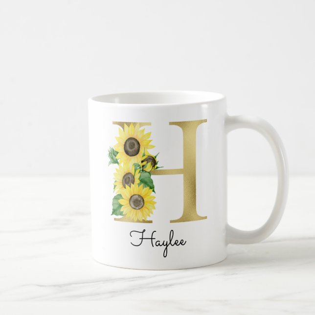 Caneca De Café Girly Floral Inicial H de Girassol em Dourado Mono (Direita)