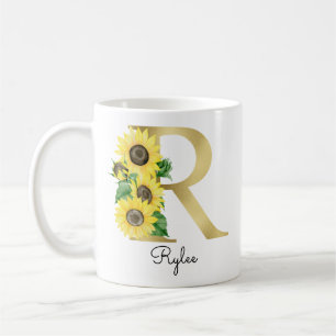 Caneca De Café Girly Floral Monograma Dourada Girassol Inicial R