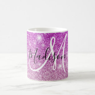 Caneca De Café Girly & Glam Purple Glitter Sparkles Nome do Monog