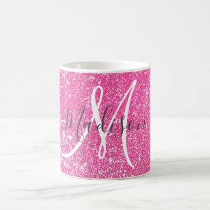 Caneca De Café Girly Glam Rosa Quente Brilho Brilhos Monograma No