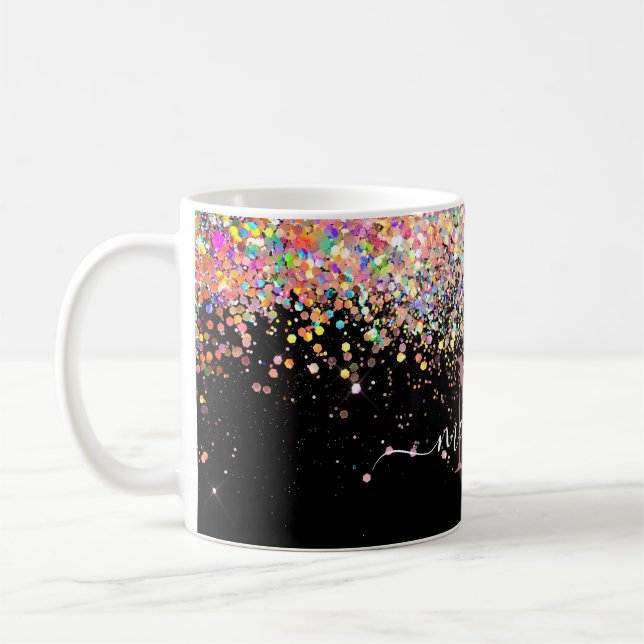 Caneca De Café Girly Holographic Glitter & Sparkle Monograma Blac (Esquerda)