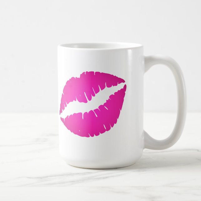 Caneca De Café Girly Hot Pink Ombre Lipstick Kiss Impressão (Direita)