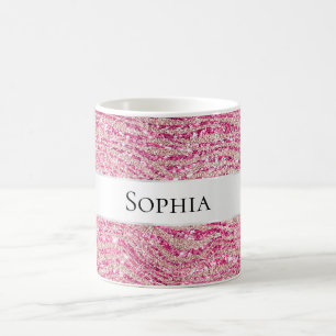 Caneca De Café Girly Pink e Blush Glitter Zebra Name
