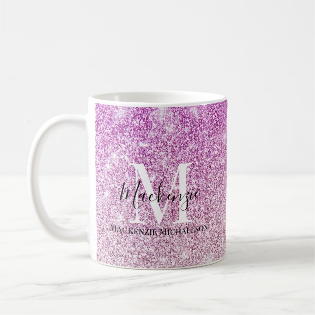 Caneca De Café Girly Pink Ombre Glitter Monographic Name (Esquerda)