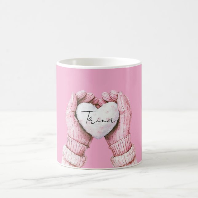 Caneca De Café Girly Pink Winter Luvas White Heart (Centro)