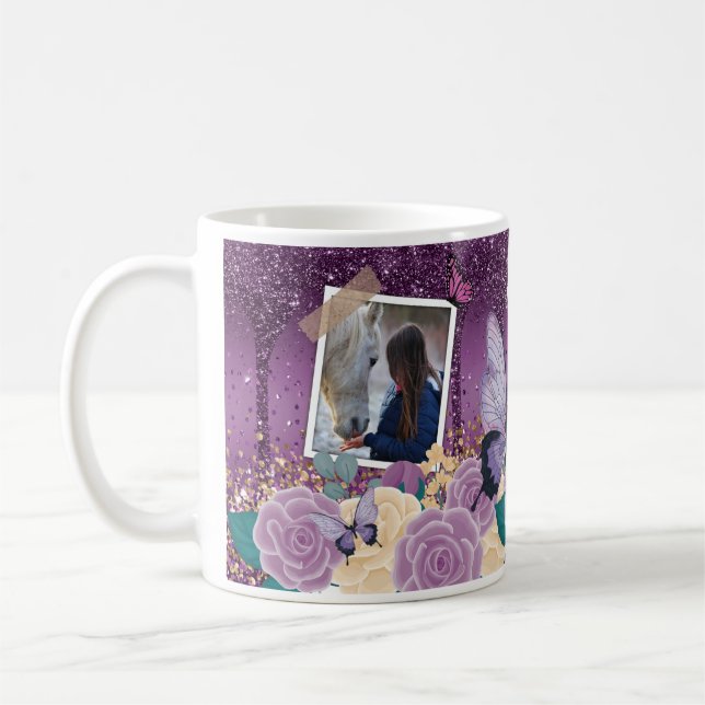 Caneca De Café Girly Purple Floral Faux Sparkly Dois Nome de Foto (Esquerda)