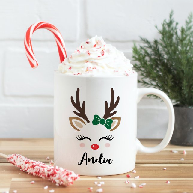 Caneca De Café Girly Reindeer Face Personalizada Nome Natal (Criador carregado)