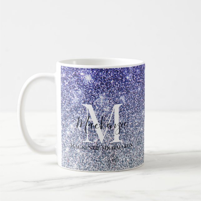 Caneca De Café Girly Silver Purple Ombre Glitter Nome do Monogram (Esquerda)