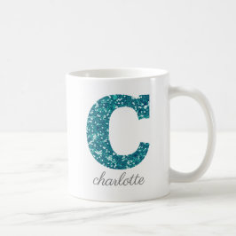 Caneca De Café Girly Sparkly Teal Glitter - Letra C Monograma
