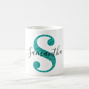 Caneca De Café Girly Sparkly Teal Glitter - Letra S Monograma