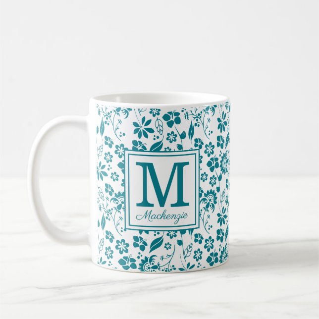 Caneca De Café Girly Teal Turquoise Tropical Flowers Monograma (Esquerda)
