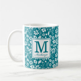 Caneca De Café Girly Teal Turquoise Tropical Flowers Monograma