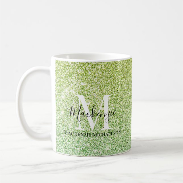 Caneca De Café Girly Yellow Green Ombre Glitter Nome Monograma (Esquerda)