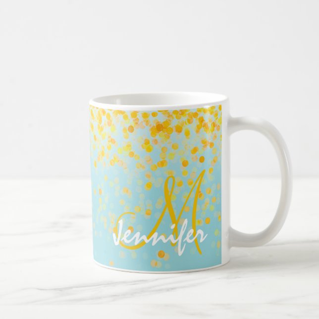 Caneca De Café Giry ouro yellow confetti turquoise ombre name (Direita)