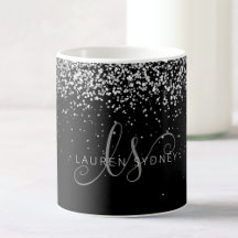 Glam Black Silver Glitter Monograma Nome Café Mug