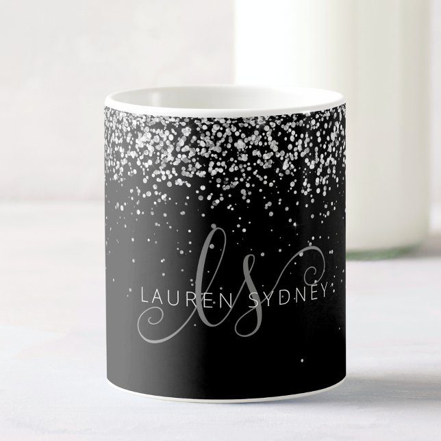 Caneca De Café Glam Black Silver Glitter Monograma Nome Café Mug (Criador carregado)