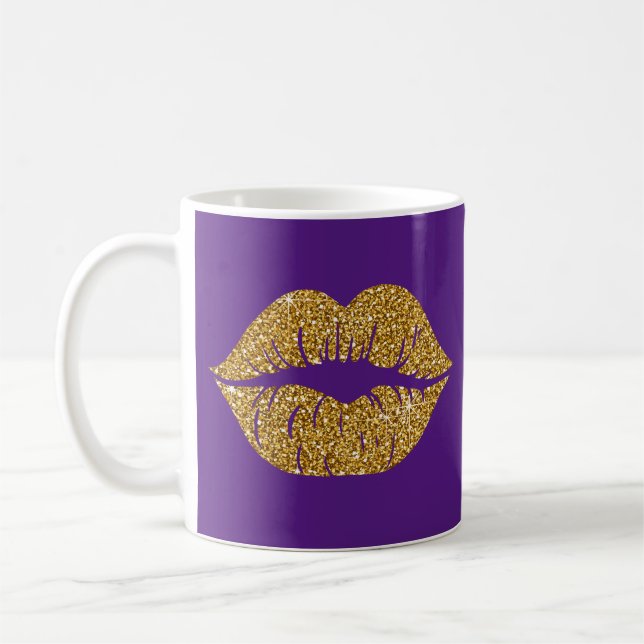 Caneca De Café Glam Dourado Glitter Lábios Trendy Sparkle Purple (Esquerda)