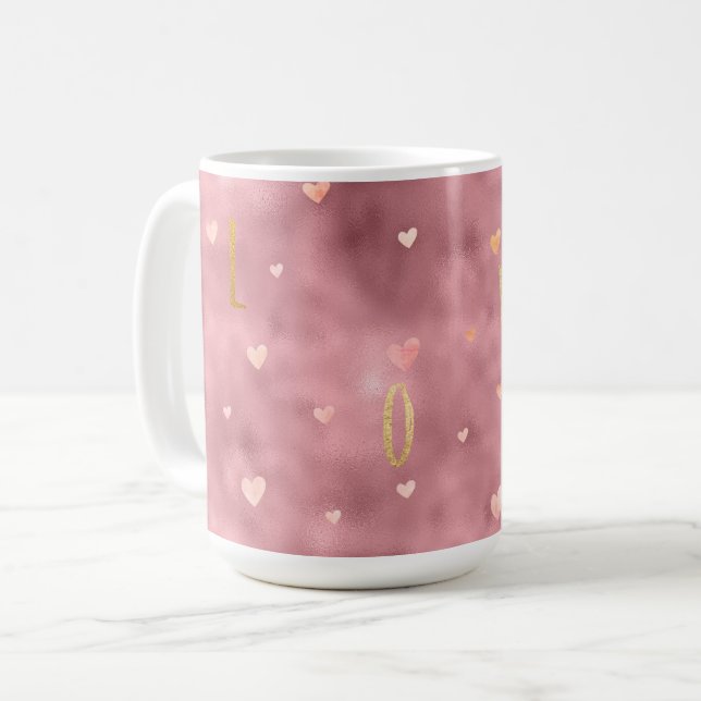 Caneca De Café Glam Dourado Rosa Aquarela Amor Corações (Frente Esquerda)