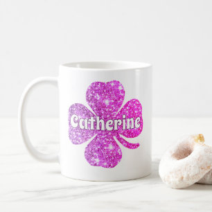 Caneca De Café Glam Girly Hot Pink Glitter Lucky Clover Name