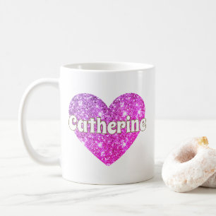 Caneca De Café Glam Girly Rosa Choque Brilho Coração Nome