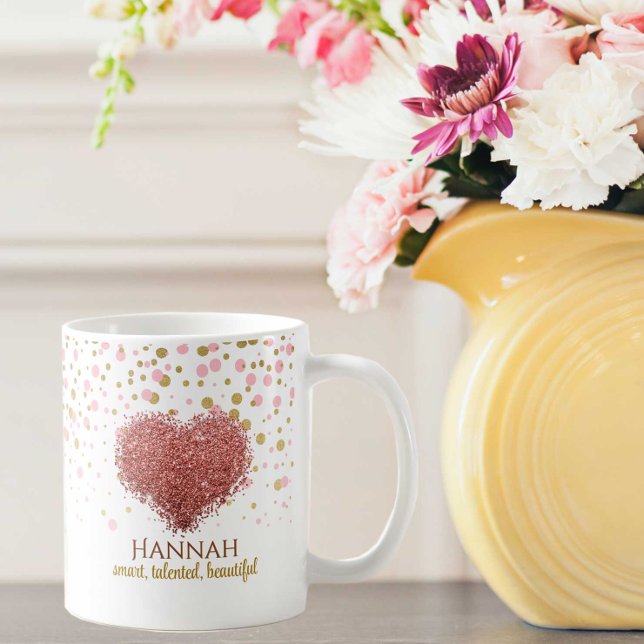Caneca De Café Glam Girly Rosa Dourado Coração Brilhante Rosa (Criador carregado)