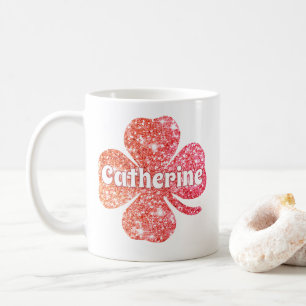 Caneca De Café Glam Girly Vermelho Brilho Trevo da Sorte Nome 