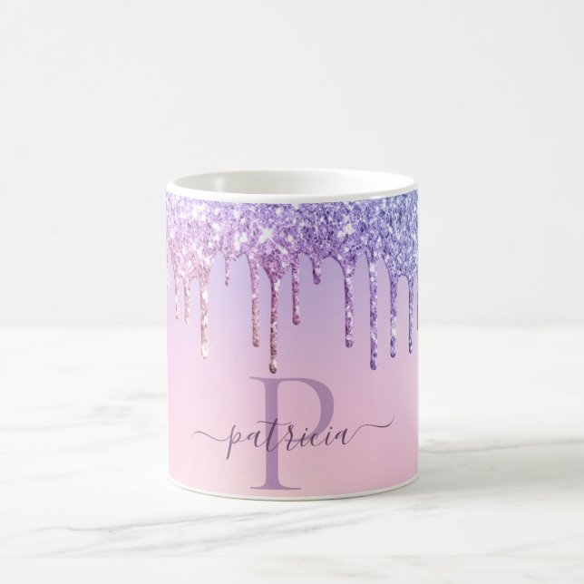 Caneca De Café Glam Purple Glitter Drives Monograma Elegante (Centro)