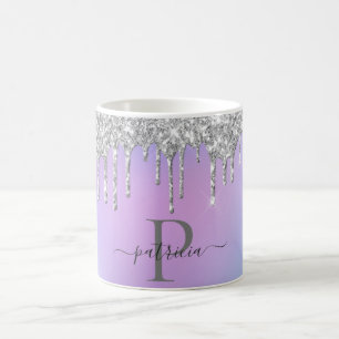 Caneca De Café Glam Silver Glitter Drives Monograma Elegante
