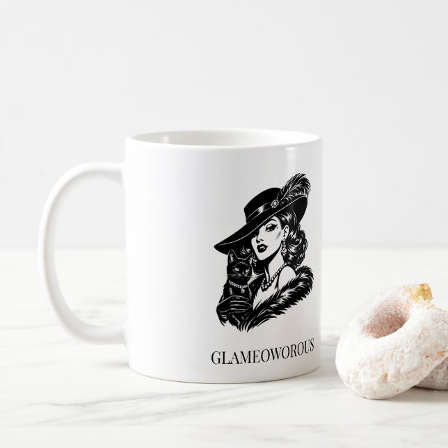 Caneca De Café Glam Woman with Cat Fashion Illustration (Com Donut)
