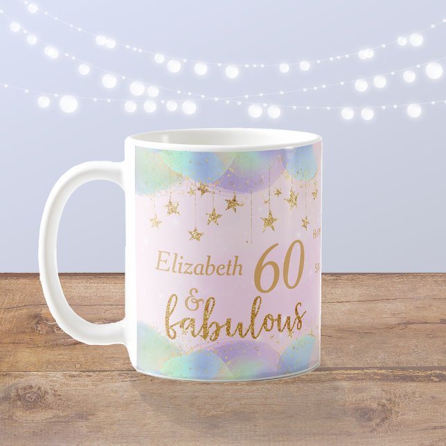 Caneca De Café Glamorous 60º aniversário, Dourada Glitter (A fabulous 60th birthday design with gold stars balloons and glitter effect wording)
