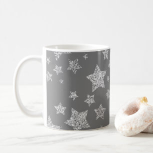 Caneca De Café Glitor prateado brilha Estrelas padrão cinza de lu