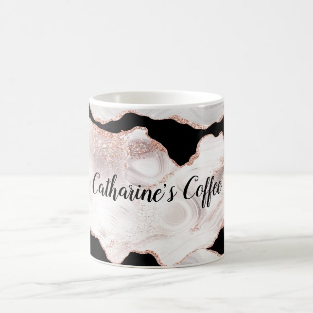 Caneca De Café Glitter Dourado de Rosa de monograma Agitar preto  (Centro)