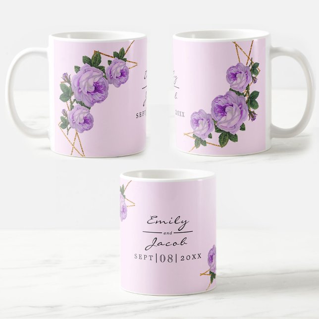 Caneca De Café Glitter Dourado Elegante, Glitter Geométrico Púrpu (Elegant Gold Glitter Geometric Purple Floral Wed Coffee Mug)