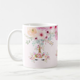 Caneca De Café Glitter Dourado Rosa Unicorn Face Flores Garotas P